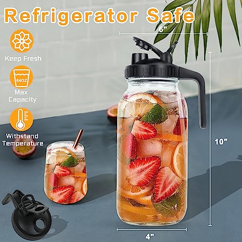 YSBYWSYR Glass Mason Jar Pitcher with Pour Spout Handle Lid, 2 Quart (64 oz / 1.9 Liter) Glass Jug for Sun & Iced Tea, Cold Brew Coffee, Breast Milk, Lemonade, Fruit Drinks