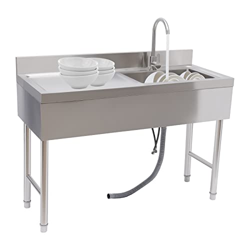 Commercial Sink, Free Standing Stainless Steel Single Bowl Restaurant Kitchen Sink Set w/Faucet & Drainboard, Prep Utility Washing Hand Basin w/Workbench Storage Shelves Indoor Outdoor