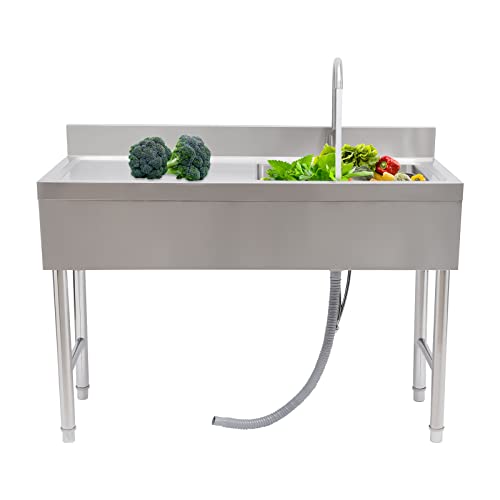 Commercial Sink, Free Standing Stainless Steel Single Bowl Restaurant Kitchen Sink Set w/Faucet & Drainboard, Prep Utility Washing Hand Basin w/Workbench Storage Shelves Indoor Outdoor