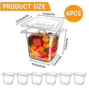 Ujuuu 6 Pack Plastic Clear Food Pan with Lid 1/6 Size 7 Inch Deep Stackable Acrylic Square Container Polycarbonate Food Storage for Hotel Restaurant Kitchen Food Prep Storage (2.2L)