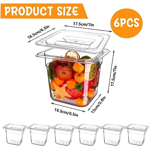 Ujuuu 6 Pack Plastic Clear Food Pan with Lid 1/6 Size 7 Inch Deep Stackable Acrylic Square Container Polycarbonate Food Storage for Hotel Restaurant Kitchen Food Prep Storage (2.2L)