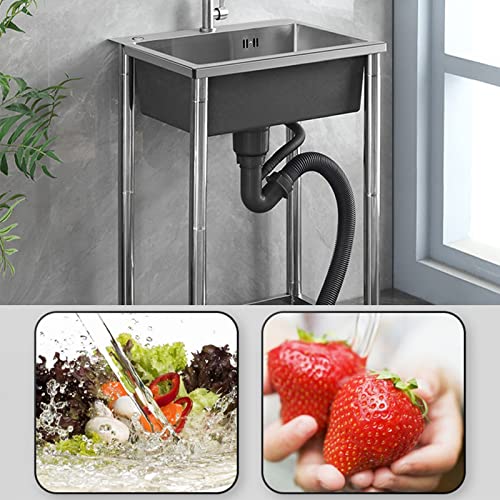 Commercial Sink Free Standing Stainless-Steel Single Bowl with Drain Kit Commercial Restaurant Kitchen Sink Set Stainless Steel Utility Sinks with Faucet (60cm/23.6in,Package A)