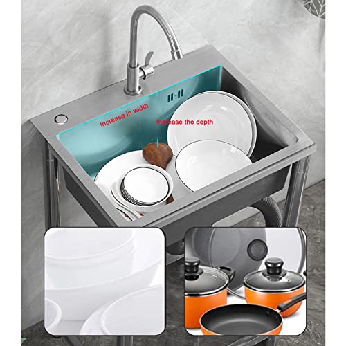 Commercial Sink Free Standing Stainless-Steel Single Bowl with Drain Kit Commercial Restaurant Kitchen Sink Set Stainless Steel Utility Sinks with Faucet (60cm/23.6in,Package A)