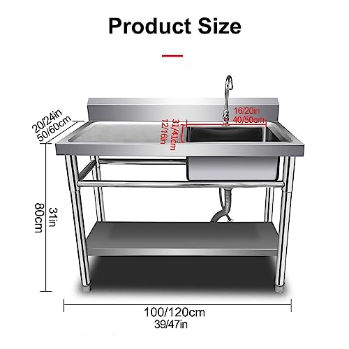 MEULE Kitchen Sinks Utility Sink,Free Standing Stainless Steel Sink Single Bowl Commercial Restaurant Kitchen Sink Set w/Faucet& Double Storage Shelves 100 * 50 * 80cm/39 * 20 * 31in 201#1.0-Right