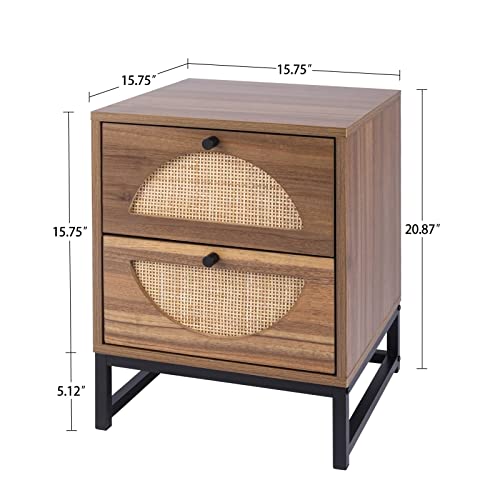 SeokIljin Rattan Nightstand,2 Drawer Side Table,Metal Legs,Bottom Hollow-Out Design,Easy Cleaning,Display Rack for Bedroom and Living Room