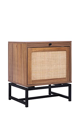 SeokIljin Natural Rattan Door Nightstand,with 1 Rattan Door Drawer,Rustic Bedside Table Cabinet Accent Table with Sturdy Metal Leg for Living Room,Bedroom