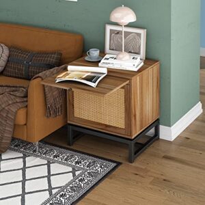 SeokIljin Natural Rattan Door Nightstand,with 1 Rattan Door Drawer,Rustic Bedside Table Cabinet Accent Table with Sturdy Metal Leg for Living Room,Bedroom