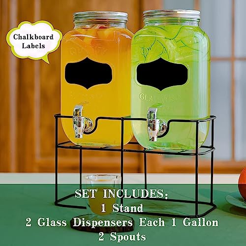 2 Pack Drink Dispenser with Stand Beverage Dispenser Each 1 Gallon Glass Drink Dispensers for Parties Lemonade Sangria Dispenser Mason Jar Drink Dispensers