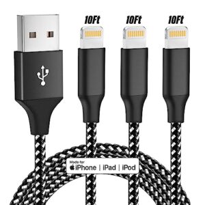 iphone charger [apple mfi certified] 3pack 10ft lightning cable fast charging cord nylon braided compatible with iphone 14 13 12 11 x xs 8 7 6 6s pro pro max plus mini and more - (black)