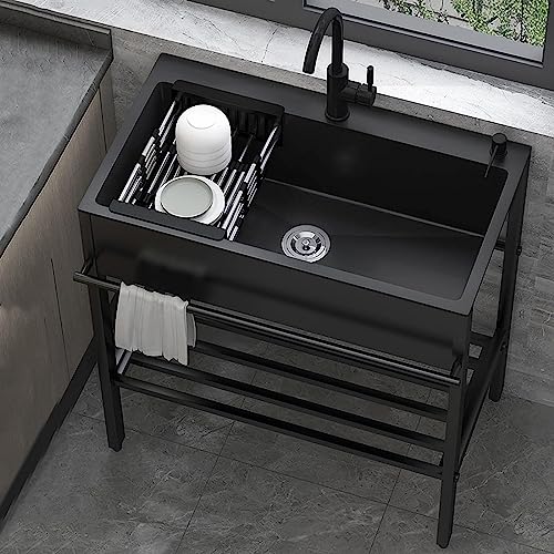 HM&DX Utility Sink with Cabinet,Black Commercial Sink,freestanding Stainless Steel Sinks,Single Bowl Kitchen Sink with Faucet and Shelves,Hand Washing Station Basin for Garage Kitchen Laundry Room