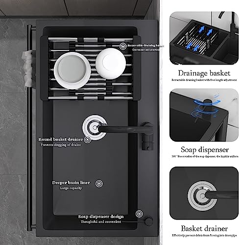 HM&DX Utility Sink with Cabinet,Black Commercial Sink,freestanding Stainless Steel Sinks,Single Bowl Kitchen Sink with Faucet and Shelves,Hand Washing Station Basin for Garage Kitchen Laundry Room