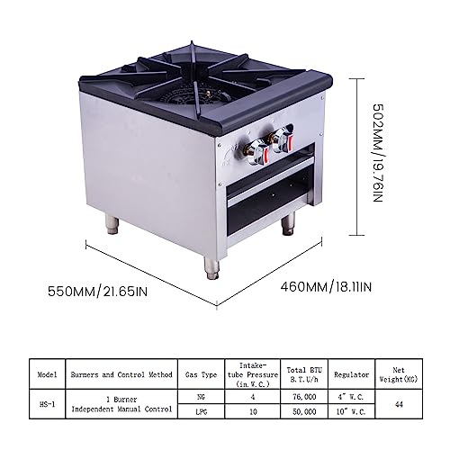 EASYROSE Single Burner Natural Gas Stove 18" Gas Hot Plate Commercial Stove Top Countertop Gas Range Commercial Cooking Equipment 76,000 BTU, ETL Listed