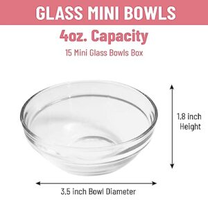 SQARR Mini Glass Prep Pinch Bowls - Set of 15, 3.5 inch 4 oz Clear Glass Bowls for Condiments, Small Glass Bowls, and Pinch Bowls