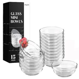 sqarr mini glass prep pinch bowls - set of 15, 3.5 inch 4 oz clear glass bowls for condiments, small glass bowls, and pinch bowls