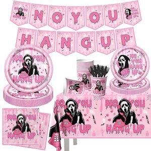 halloween scream birthday decorations-142pcs no you hang up tableware,pink scream halloween party plates napkins cups tablecloth banner for girl halloween birthday party horror decor