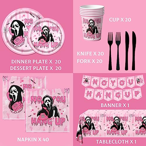 Halloween Scream Birthday Decorations-142pcs No You Hang Up Tableware,Pink Scream Halloween Party Plates Napkins Cups Tablecloth Banner for Girl Halloween Birthday Party Horror Decor