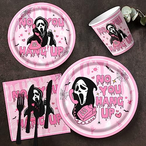 Halloween Scream Birthday Decorations-142pcs No You Hang Up Tableware,Pink Scream Halloween Party Plates Napkins Cups Tablecloth Banner for Girl Halloween Birthday Party Horror Decor