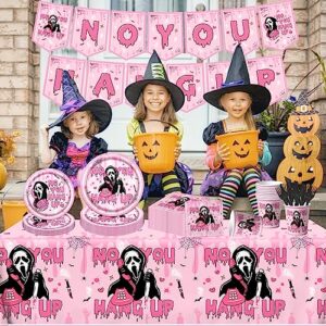 Halloween Scream Birthday Decorations-142pcs No You Hang Up Tableware,Pink Scream Halloween Party Plates Napkins Cups Tablecloth Banner for Girl Halloween Birthday Party Horror Decor