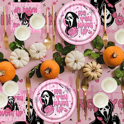 Halloween Scream Birthday Decorations-142pcs No You Hang Up Tableware,Pink Scream Halloween Party Plates Napkins Cups Tablecloth Banner for Girl Halloween Birthday Party Horror Decor