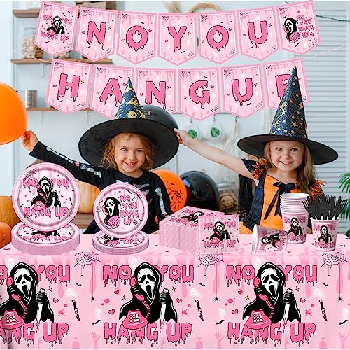 Halloween Scream Birthday Decorations-142pcs No You Hang Up Tableware,Pink Scream Halloween Party Plates Napkins Cups Tablecloth Banner for Girl Halloween Birthday Party Horror Decor