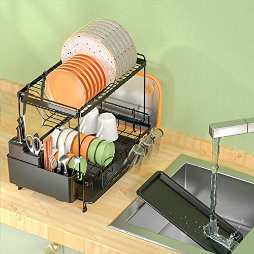 Jeanoko Dish Drying Rack, Black Dish Racks 2 Tier Rust Prevention for Kitchen