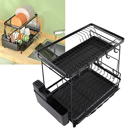 Jeanoko Black Dish Racks, Dish Drying Rack Easy Installation 2 Tier Detachable for Kitchen