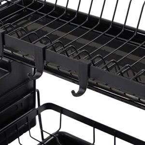 Emoshayoga Dish Drying Rack, 2 Tier Detachable Carbon Steel Black Dish Racks with Drainboard for Kitchen