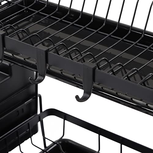 Emoshayoga Dish Drying Rack, 2 Tier Detachable Carbon Steel Black Dish Racks with Drainboard for Kitchen