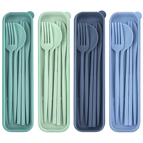 4 Sets Reusable Utensils Set with Case, Travel Utensils with Case, Reusable Utensils for Lunch Box accessories, Portable Chopsticks Knife Fork and Spoon Lunch Utensils Set for Work,Travel or Daily use