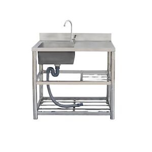 freestanding stainless steel commercial restaurant kitchen sink set with faucet and deodorizing drain, utility wash basin with worktop and double storage rack + knife slot, indoor outdoor