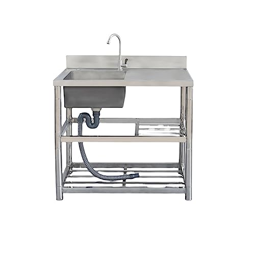 Freestanding Stainless Steel Commercial Restaurant Kitchen Sink Set With Faucet And Deodorizing Drain, Utility Wash Basin With Worktop And Double Storage Rack + Knife Slot, Indoor Outdoor