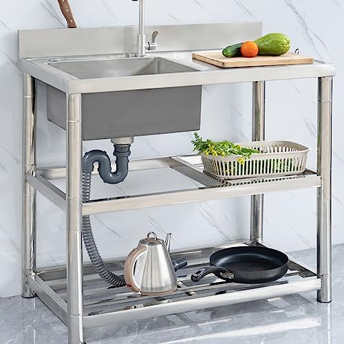 Freestanding Stainless Steel Commercial Restaurant Kitchen Sink Set With Faucet And Deodorizing Drain, Utility Wash Basin With Worktop And Double Storage Rack + Knife Slot, Indoor Outdoor