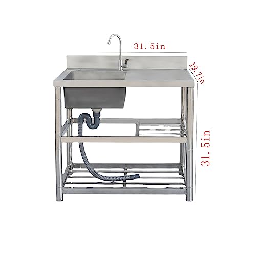 Freestanding Stainless Steel Commercial Restaurant Kitchen Sink Set With Faucet And Deodorizing Drain, Utility Wash Basin With Worktop And Double Storage Rack + Knife Slot, Indoor Outdoor
