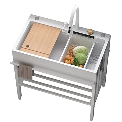 Free Standing Stainless-Steel Sink Single Bowl,Commercial Restaurant Nano Raindance Waterfall Kitchen Sinks w/Faucet&Drainboard,Prep Utility Laundry Washing Hand Basin w/Storage Shelves Indoor Outdoor