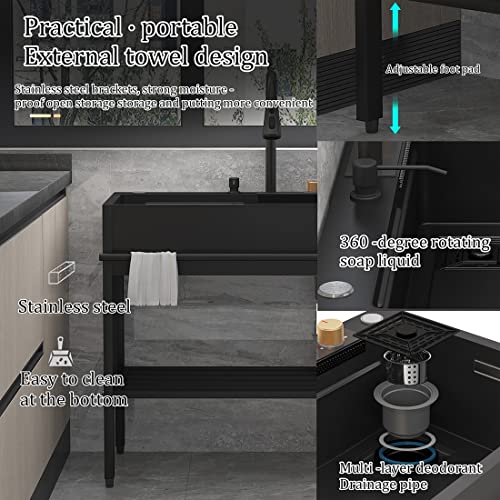 Free Standing Stainless-Steel Sink Single Bowl,Commercial Restaurant Nano Raindance Waterfall Kitchen Sinks w/Faucet&Drainboard,Prep Utility Laundry Washing Hand Basin w/Storage Shelves Indoor Outdoor