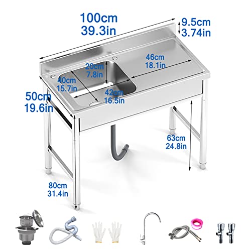 Free Standing Kitchen Sink, 1 Compartment Stainless Steel Sink with Workbench, Commercial Restaurant Sink Set Prep & Utility Washing Hand Basin for Indoor Outdoor ( Color : A , Size : 100*50*80cm/39.6