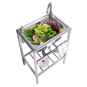 free standing utility sink stainless steel 1 compartment commercial kitchen sink set washing station hand basin w/cold hot water pipe faucet and storage shelves for indoor outdoor laundry garage (col