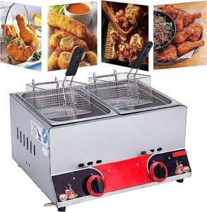 commercial gas fryer, 22l large capacity dual fryer with removable baskets and temperature control, stainless steel lpg countertop gas fryer, chip fryer for catering takeaway restaurant café