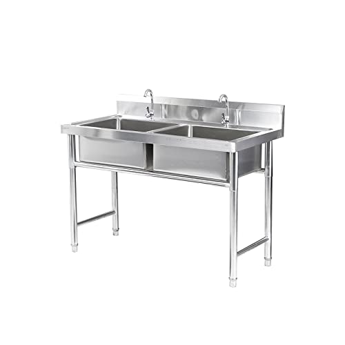 Commercial/Industrial Sink，2 Compartment Outdoor Garage Sink，Freestanding Kitchen Stainless Steel Sink w/Workbench & Storage Shelves, Prep & Utility Washing Hand Basin for Laundry. ( Size : 100*50*80+