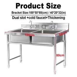 Commercial/Industrial Sink，2 Compartment Outdoor Garage Sink，Freestanding Kitchen Stainless Steel Sink w/Workbench & Storage Shelves, Prep & Utility Washing Hand Basin for Laundry. ( Size : 100*50*80+