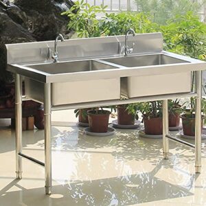 Commercial/Industrial Sink，2 Compartment Outdoor Garage Sink，Freestanding Kitchen Stainless Steel Sink w/Workbench & Storage Shelves, Prep & Utility Washing Hand Basin for Laundry. ( Size : 100*50*80+