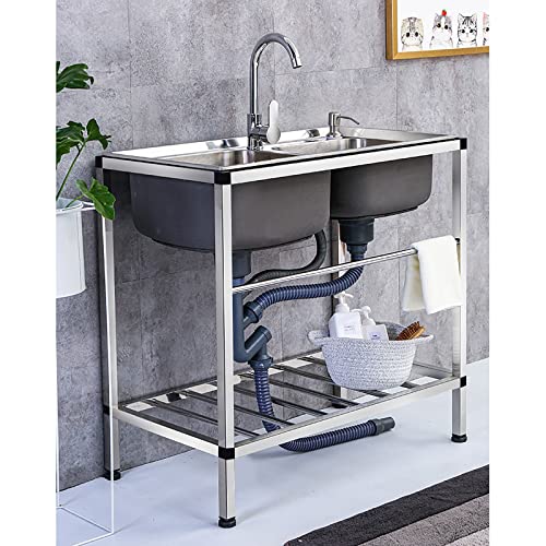 MARQI Stainless Steel Kitchen Sink,Double Bowl Sinks,Free Standing Sink Commercial,w/Cold and Hot Water Pipe Faucet,for Outdoor Garage Commercial Restaurant Kitchen Laundry Room. (Size : 74x41x75cm)