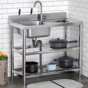 ioxgsgi free standing stainless-steel single bowl commercial restaurant kitchen sink set w/faucet & drainboard, prep & utility washing hand basin wwworkbench & double storage shelves (39.5in)