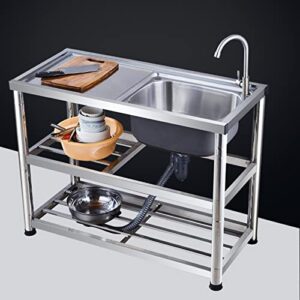 Free Standing Stainless-Steel Single Bowl, Commercial Restaurant Kitchen Sink Set w/ Faucet & Drainboard, Prep & Utility Washing Hand Basin w/ Workbench & Storage Shelves Indoor Outdoor ( Color : A )