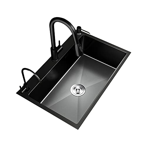 Black Single Bowl Undermount Modern Stainless Steel Nano Kitchen Sink Laundry Sink Commercial Sink with Hot&Cold Water Faucet,Soap Dispenser,Drain Assembly with straine for Hotel,RV,Bar,Shop (Color