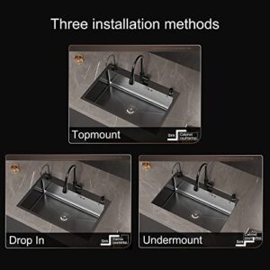 Black Single Bowl Undermount Modern Stainless Steel Nano Kitchen Sink Laundry Sink Commercial Sink with Hot&Cold Water Faucet,Soap Dispenser,Drain Assembly with straine for Hotel,RV,Bar,Shop (Color