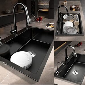 Black Single Bowl Undermount Modern Stainless Steel Nano Kitchen Sink Laundry Sink Commercial Sink with Hot&Cold Water Faucet,Soap Dispenser,Drain Assembly with straine for Hotel,RV,Bar,Shop (Color