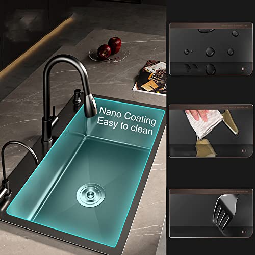 Black Single Bowl Undermount Modern Stainless Steel Nano Kitchen Sink Laundry Sink Commercial Sink with Hot&Cold Water Faucet,Soap Dispenser,Drain Assembly with straine for Hotel,RV,Bar,Shop (Color