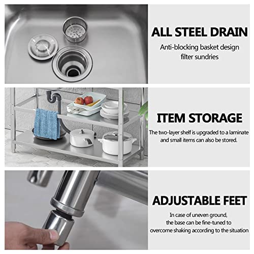 Commercial sink with storage rack,Outdoor utility garage sink with faucet,Indoor kitchen Stainless Steel sink,1 Compartment,Industrial station laundry & utility room sinks,for restaurant,Basement. (