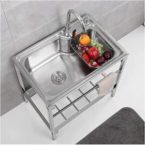 marqi kitchen free standing sink 304 stainless steel single bowl sink, commercial restaurant sink with faucet drain basket, shelf, towel bar, for garage, laundry room, outdoor